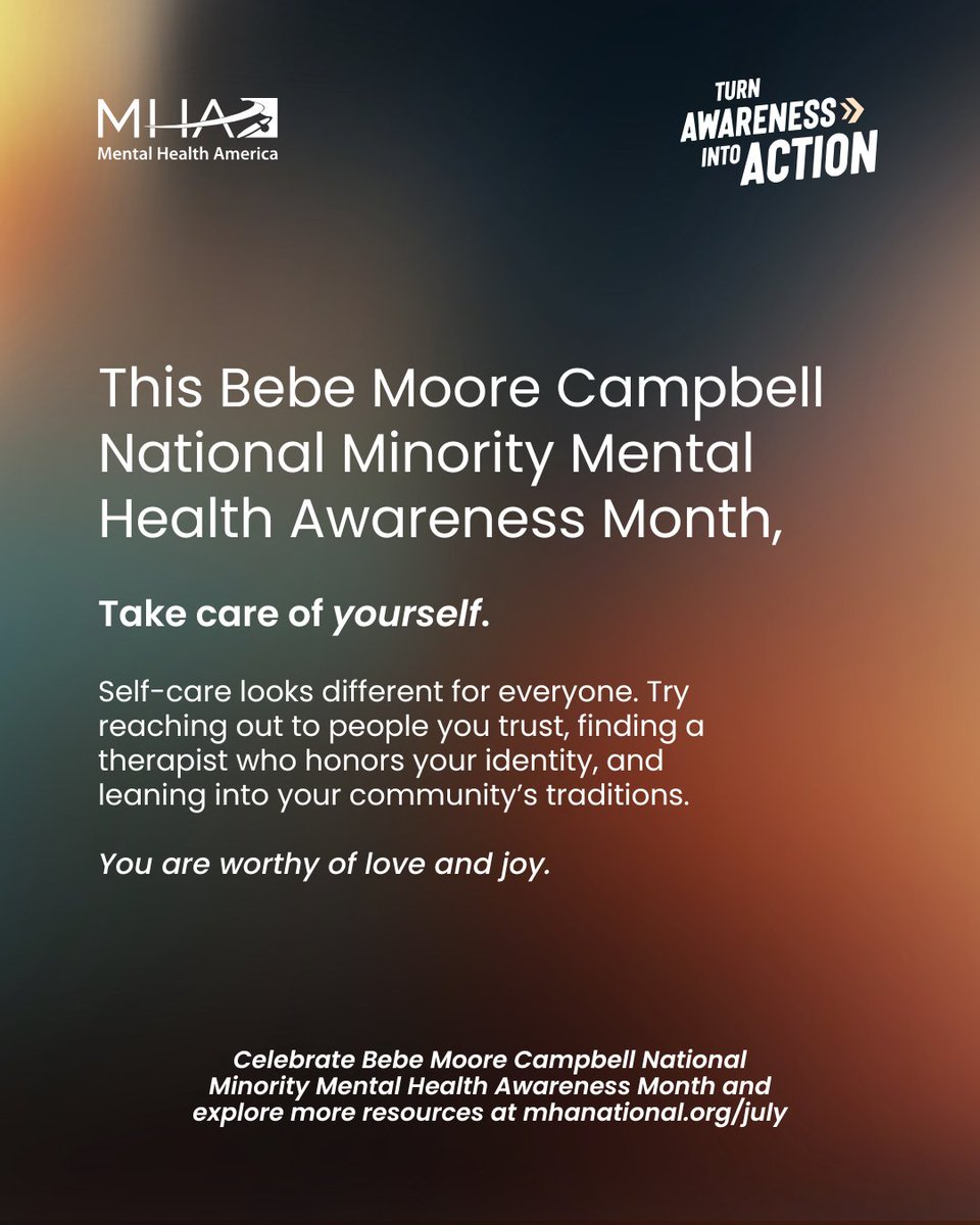 TEHWOfficial's tweet image. July is National Minority Mental Health Awareness Month.
In 2008, this month was officially designated thanks to the tireless advocacy of author, journalist, and mental health champion Bebe Moore Campbell.
#MinorityMentalHealthAwarenessMonth #MentalHealth