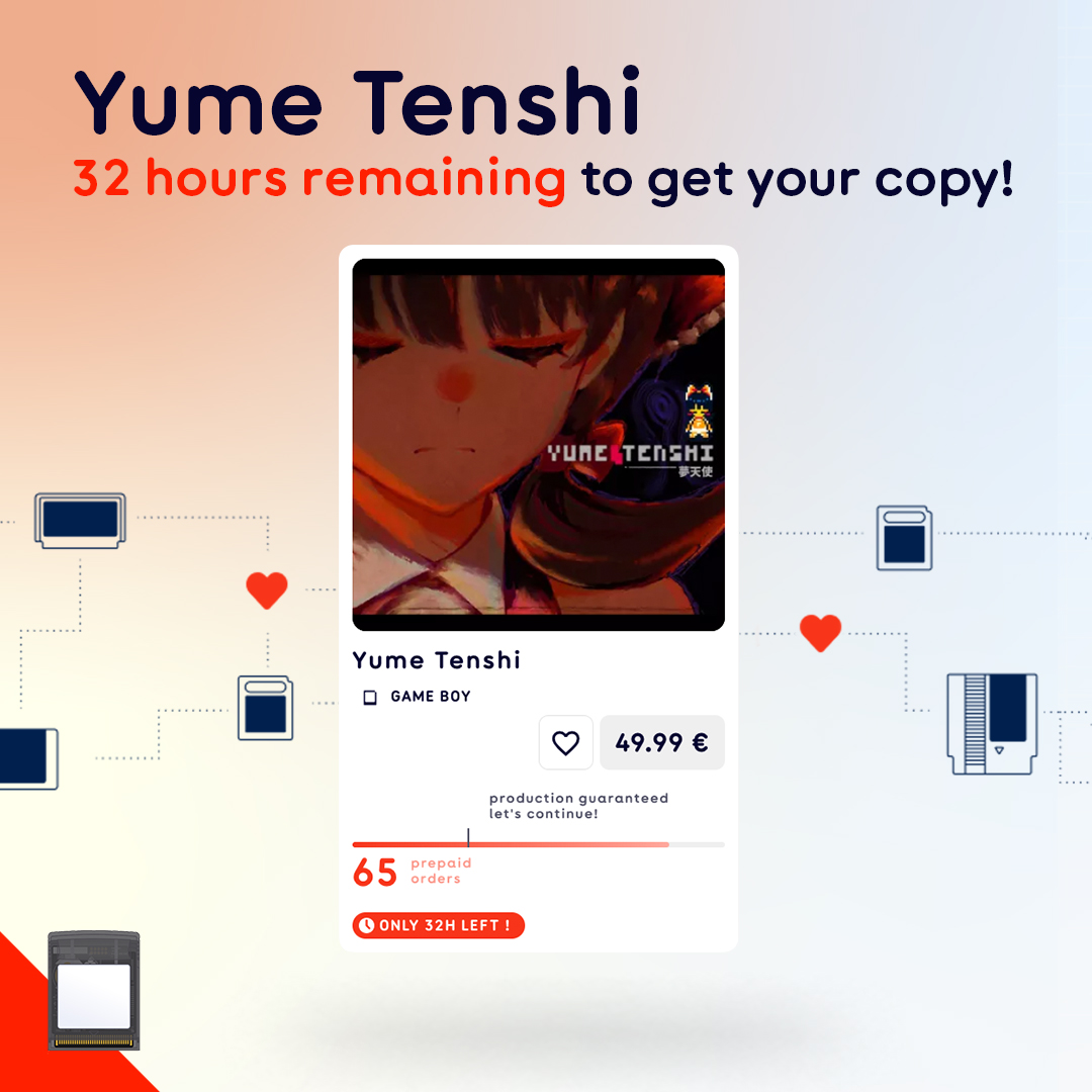HomebrewFactory's tweet image. ⚠Less than 32 hours remaining to order your Game Boy Color copy of Yume Tenshi by @g0refreak_!
This pre-order campaign is already successful, so you are guaranteed to receive your copy.
➡️ homebrew-factory.com/game-boy/150-y…