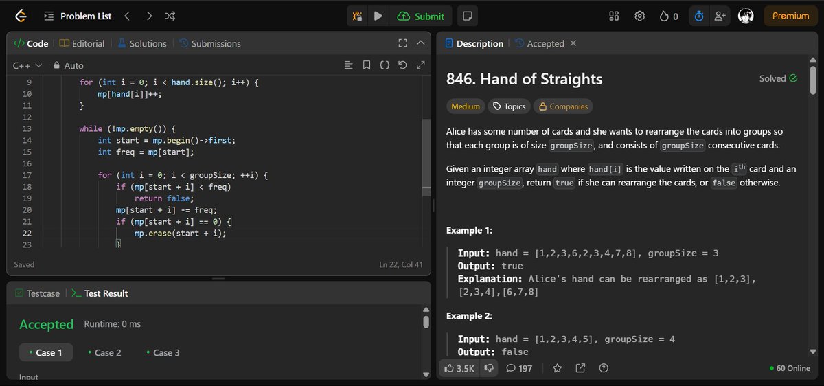 B_Furqan07's tweet photo. Day 130 โ LeetCode โ
๐น Problem 1: 846. Hand of Straights (Medium)
๐น Problem 2: 1296. Divide Array in Sets of K Consecutive Numbers (Medium)
๐ง Both solved using the exact same greedy + map frequency logic
๐ฆ Buy One, Get One Free
#Greedy #Map #FrequencyCounter #LeetCode https://t.co/CnzxsLr5rn