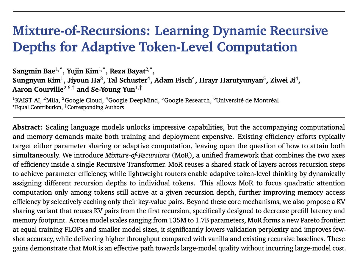 reza_byt's tweet image. 📄 New Paper Alert! ✨
🚀Mixture of Recursions (MoR): Smaller models • Higher accuracy • Greater throughput
Across 135 M–1.7 B params, MoR carves a new Pareto frontier: equal training FLOPs yet lower perplexity, higher few‑shot accuracy, and more than 2x throughput.…
