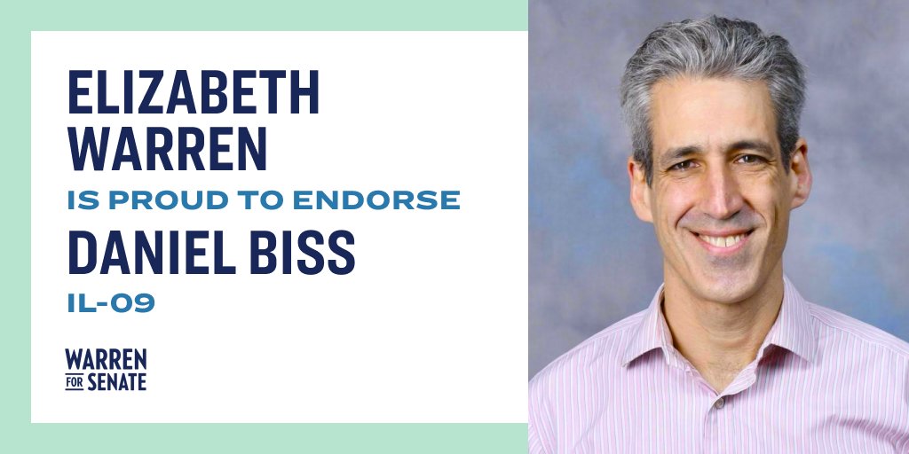 ewarren's tweet image. I’m proud to endorse Daniel Biss, a fighter for working people who can help deliver the change our country needs. We need progressive champions like Daniel in Congress to take on billionaires and powerful corporations, lower health care and housing costs, and root out corruption.