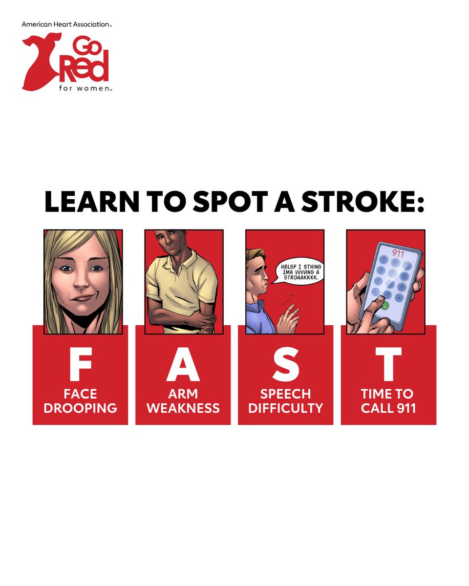 GoRedForWomen's tweet image. Learn how to save a life from stroke.
😕 Face drooping
💪 Arm weakness
💬 Speech difficulty
📞 Time to call 911
If you spot one of these warning signs, call 911 right away.