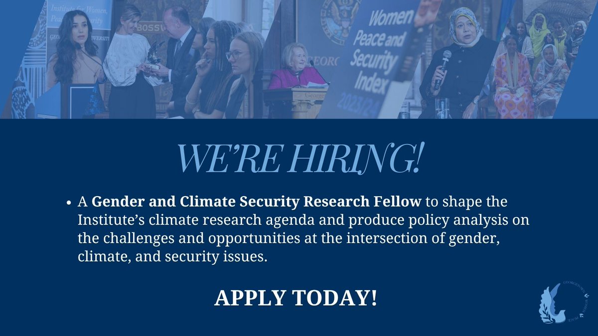 giwps's tweet image. We’re hiring! GIWPS is recruiting a Gender and Climate Security Research Fellow to lead our climate portfolio and center women in all global policy and debates on climate change.
Read more about the position and apply today: giwps.georgetown.edu/join-our-team/