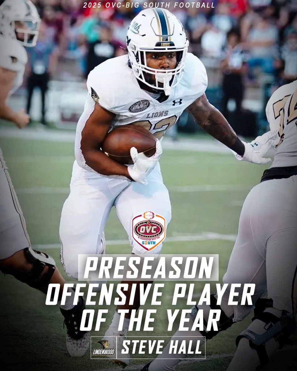 OVC-Big South Football Association (@bigsouthovcfb) on Twitter photo ๐ฃ๐ฟ๐ฒ๐๐ฒ๐ฎ๐๐ผ๐ป ๐ข๐ณ๐ณ๐ฒ๐ป๐๐ถ๐๐ฒ ๐ฃ๐น๐ฎ๐๐ฒ๐ฟ ๐ผ๐ณ ๐๐ต๐ฒ ๐ฌ๐ฒ๐ฎ๐ฟ
<a href="/LindenwoodFB/">Lindenwood Football</a> RB Steve Hall (<a href="/Hall9Steve/">Steve Hall</a>)
โ๏ธ 2024: 808 yards (7.3 ypc), 5 TDs, 14 catches
โ๏ธ OVC-Big South Offensive Freshman of the Year
โ๏ธ Freshman All-American
#StrongerTogether | #OVCBigSouthFB ๐ฃ๐ฟ๐ฒ๐๐ฒ๐ฎ๐๐ผ๐ป ๐ข๐ณ๐ณ๐ฒ๐ป๐๐ถ๐๐ฒ ๐ฃ๐น๐ฎ๐๐ฒ๐ฟ ๐ผ๐ณ ๐๐ต๐ฒ ๐ฌ๐ฒ๐ฎ๐ฟ
<a href="/LindenwoodFB/">Lindenwood Football</a> RB Steve Hall (<a href="/Hall9Steve/">Steve Hall</a>)
โ๏ธ 2024: 808 yards (7.3 ypc), 5 TDs, 14 catches
โ๏ธ OVC-Big South Offensive Freshman of the Year
โ๏ธ Freshman All-American
#StrongerTogether | #OVCBigSouthFB