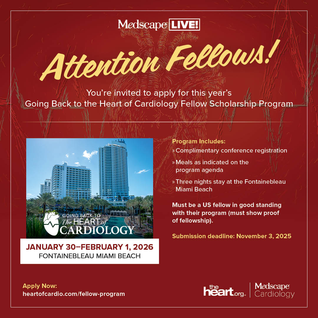 MedscapeLIVE's tweet image. π₯ Attention Cardiology Fellows! Your dream Miami getaway ποΈ + top-tier education = HERE. Apply now for the 2026 Heart of Cardiology Fellow Scholarship πΌβ¨3 nights + FREE reg! π
ms.spr.ly/6013s6gab
#HeartofCardio