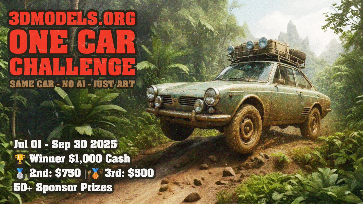 🚗 One Car Challenge 2025 by <a href="/3dmodels_team/">3DModels.org</a> is live! Transform the same starting car model into something unique.
 💰 $1,750 cash prize pool 
 🎁 50+ software&amp;services
 🎟️ Free Shapelab 2025 &amp; Lite for winners!
Enter now: 3dmodels.org/one-car-challe…