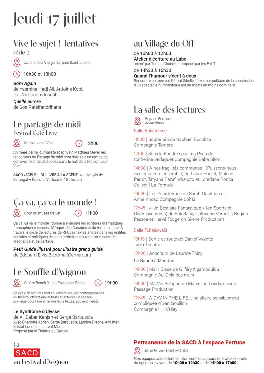 SACDParis's tweet image. #avignon
Demain au Festival d'Avignon le cycle de lectures proposé par RFI et la SACD continue sur sa lancée avec Petit Guide illustré pour illustre grand guide d'Edouard Elvis Bvouma.
Retrouvez à 19h Le Syndrome d’Ulysse de Ali Babar Kenjah et Serge Barbuscia.