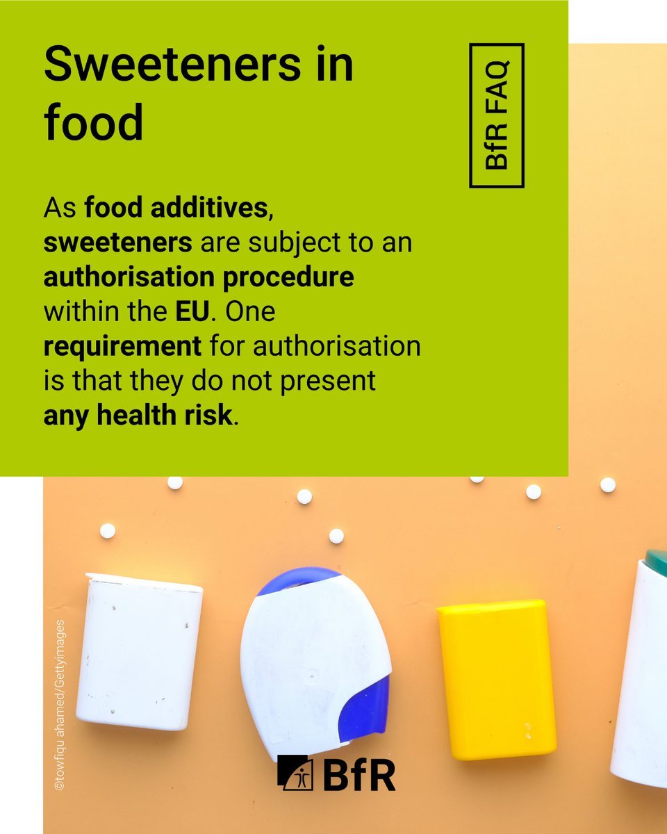 BfR | German Federal Institute for Risk Assessment (@bfren) on Twitter photo Sweeteners are food additives. They are used in many processed foods, such as soft drinks, confectionery and dairy products, as calorie-free or calorie-reduced alternatives to sugar.
The BfR has compiled FAQ on the topic: bfr.bund.de/en/service/fre… Sweeteners are food additives. They are used in many processed foods, such as soft drinks, confectionery and dairy products, as calorie-free or calorie-reduced alternatives to sugar.
The BfR has compiled FAQ on the topic: bfr.bund.de/en/service/fre…