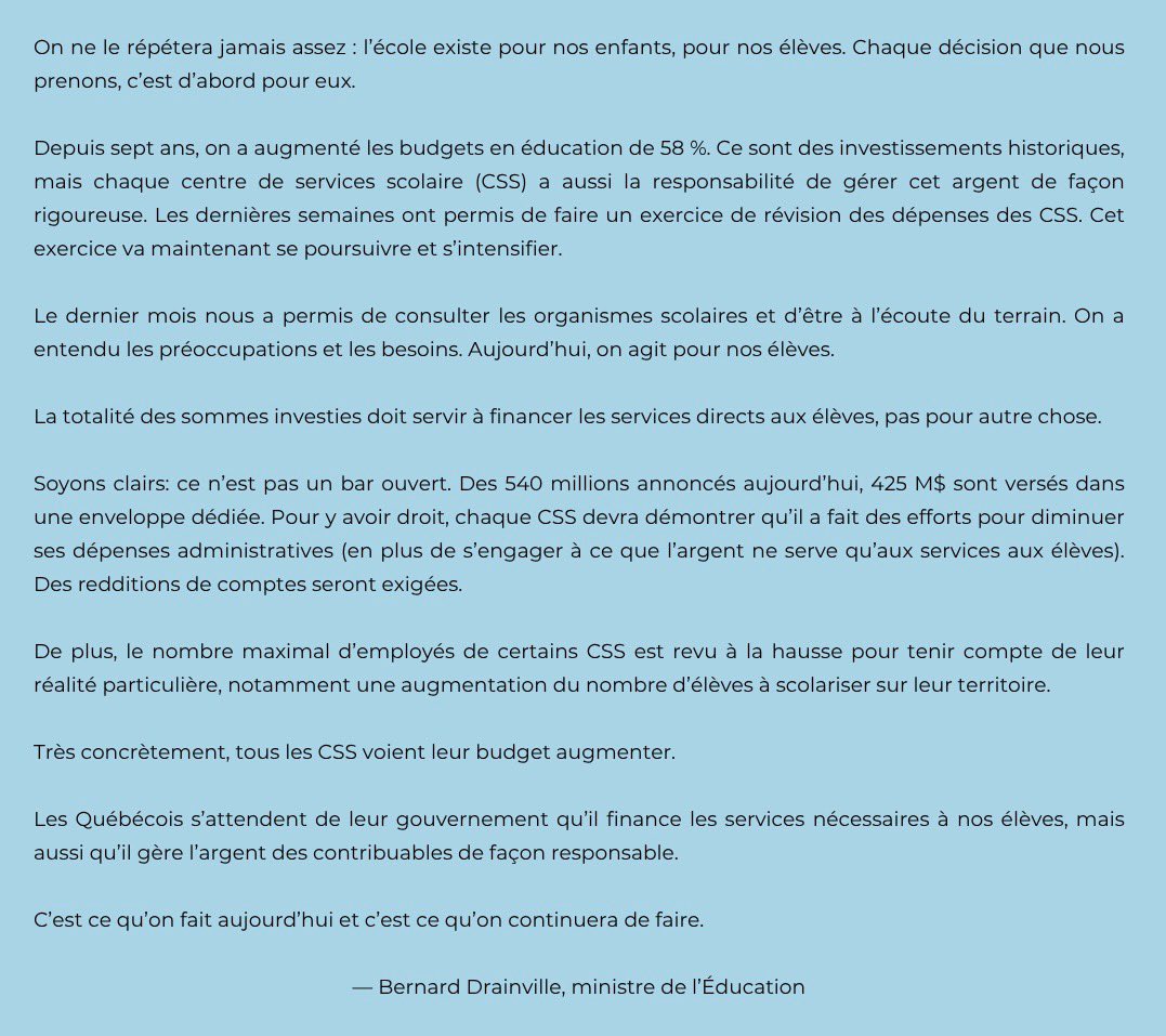 BDrainvilleQc's tweet image. On annonce une enveloppe pouvant atteindre 540 millions de dollars pour les services aux élèves.
On choisit l'éducation, on choisit nos élèves, sans sacrifier la bonne gestion.
Déclaration 👇🏼