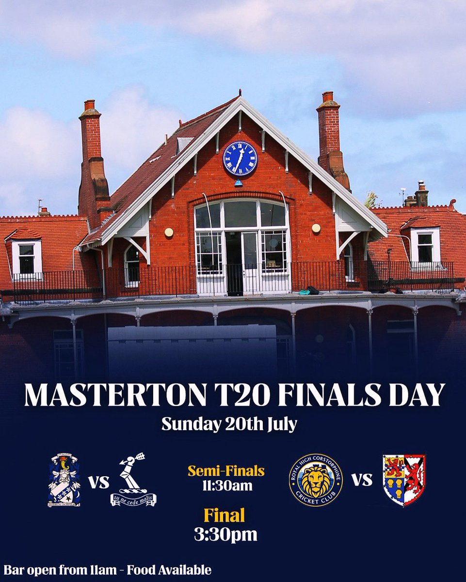 Heriot’s Cricket Club (@heriotscricket) on Twitter photo 🔵⚪️ T20 MASTERTON FINALS ⚪️🔵
🏟️ GOLDENACRE
⏰ SEMI-FINALS 11:30
HERIOT’S 🆚 <a href="/CarltonCricket/">Carlton CC</a>
<a href="/RHCLions/">RHC Cricket Club</a> 🆚 <a href="/StewMelCC/">Stewart’s Melville Cricket Club</a>
🍻 OPEN FROM 11AM
FINAL STARTS AT 15:30
If you can’t make it down all matches will be live streamed.
#coyn 🔵⚪️ T20 MASTERTON FINALS ⚪️🔵
🏟️ GOLDENACRE
⏰ SEMI-FINALS 11:30
HERIOT’S 🆚 <a href="/CarltonCricket/">Carlton CC</a>
<a href="/RHCLions/">RHC Cricket Club</a> 🆚 <a href="/StewMelCC/">Stewart’s Melville Cricket Club</a>
🍻 OPEN FROM 11AM
FINAL STARTS AT 15:30
If you can’t make it down all matches will be live streamed.
#coyn