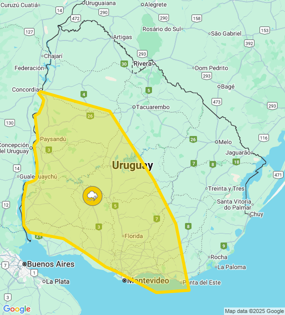 Advertencia meteorológica amarilla por Tormentas puntualmente fuertes y lluvias abundantes
Se actualizará a las 13:45 o ante cambios significativos

Más info: inumet.gub.uy