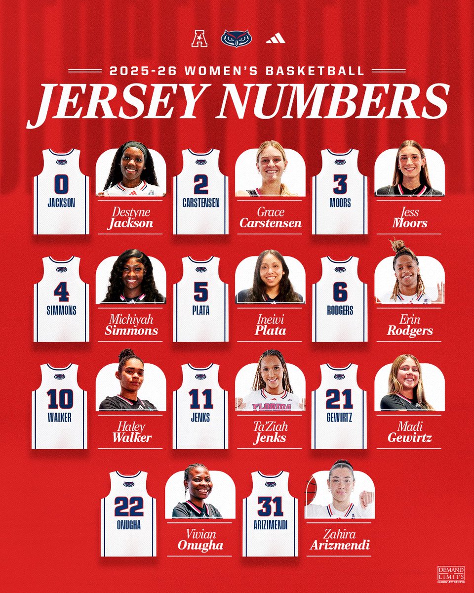 FAUWBB_Hoops's tweet image. Our 2025-26 jersey numbers 🔥
#WIP🏝️