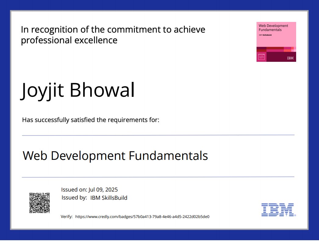 bhowal_joyjit's tweet image. Just completed the IBM SkillsBuild Web Development Fundamentals course! 💻   Learned HTML, CSS, and JavaScript basics—ready to build and grow! 🚀   Grateful for the hands-on learning and excited for what’s next.

#WebDevelopment #IBM #SkillBuild #TechSkills #HTML #CSS #JavaScript
