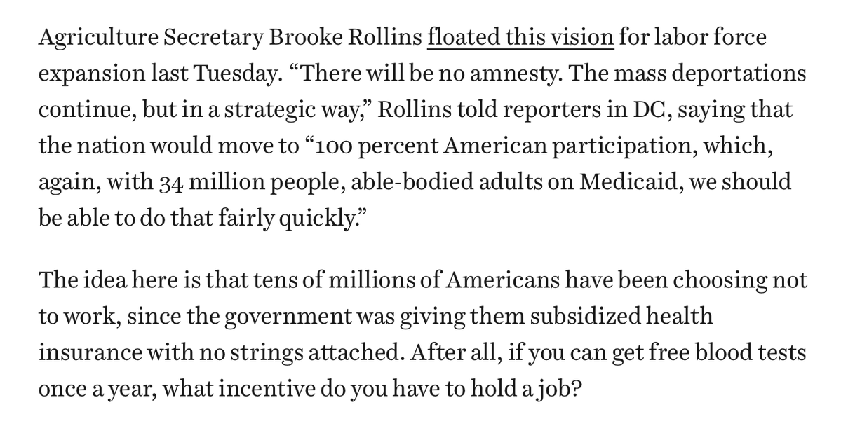 EricLevitz's tweet image. The Trump administration wants to mass deport farmworkers, then send Medicaid recipients to the countryside vox.com/politics/41984…