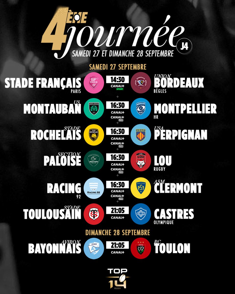 La programmation des dates et horaires des 4 premières journées de #TOP14 est désormais connue ! 🗓️⏰📺