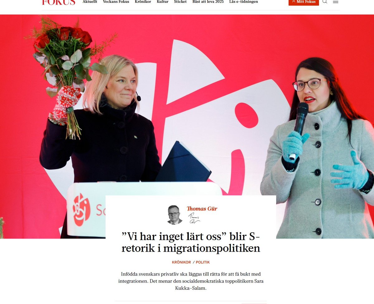 GurThomas's tweet image. Jag skriver i Fokus om S-höjdaren Kukka Salams vilja att lägga privatlivet till rätta för infödda svenskar - för integrationens skull.
"Om var femte kompis inte är utrikesfödd så skulle jag säga att man inte bidrar till ett integrerat Sverige. Alla har ett ansvar. Om man vill se…