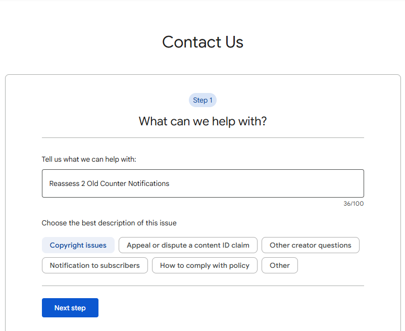 Swordy25's tweet photo. @TeamYouTube Issue with the "contact us form" If you select "copyright issue" with form cannot be completed.

It will ask you to fix the fields above but doesn't highlight the fields in question. The fields are also all filled out correctly. https://t.co/fqr0K0YZYM