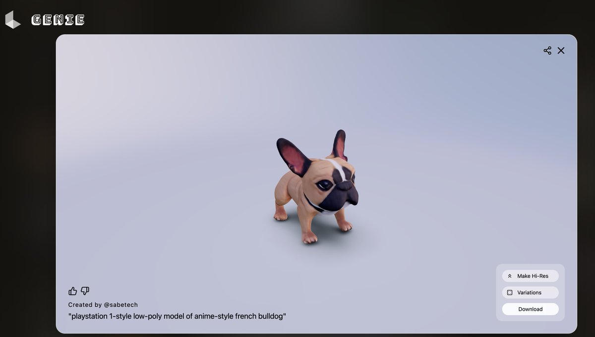 Al_Kfx's tweet photo. Generated a 3D model dog with the help of Genie
#ALX_AiSK @alx_africa https://t.co/e9sKNH4XuE