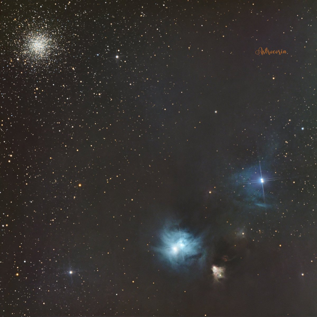 Astrocoria's tweet image. En la frontera entre Sagitario y Corona Austral encontramos una nube de polvo cósmico que refleja a veces las estrellas (NGC 6726/7/9) y el pequeño cúmulo globular NGC 6723