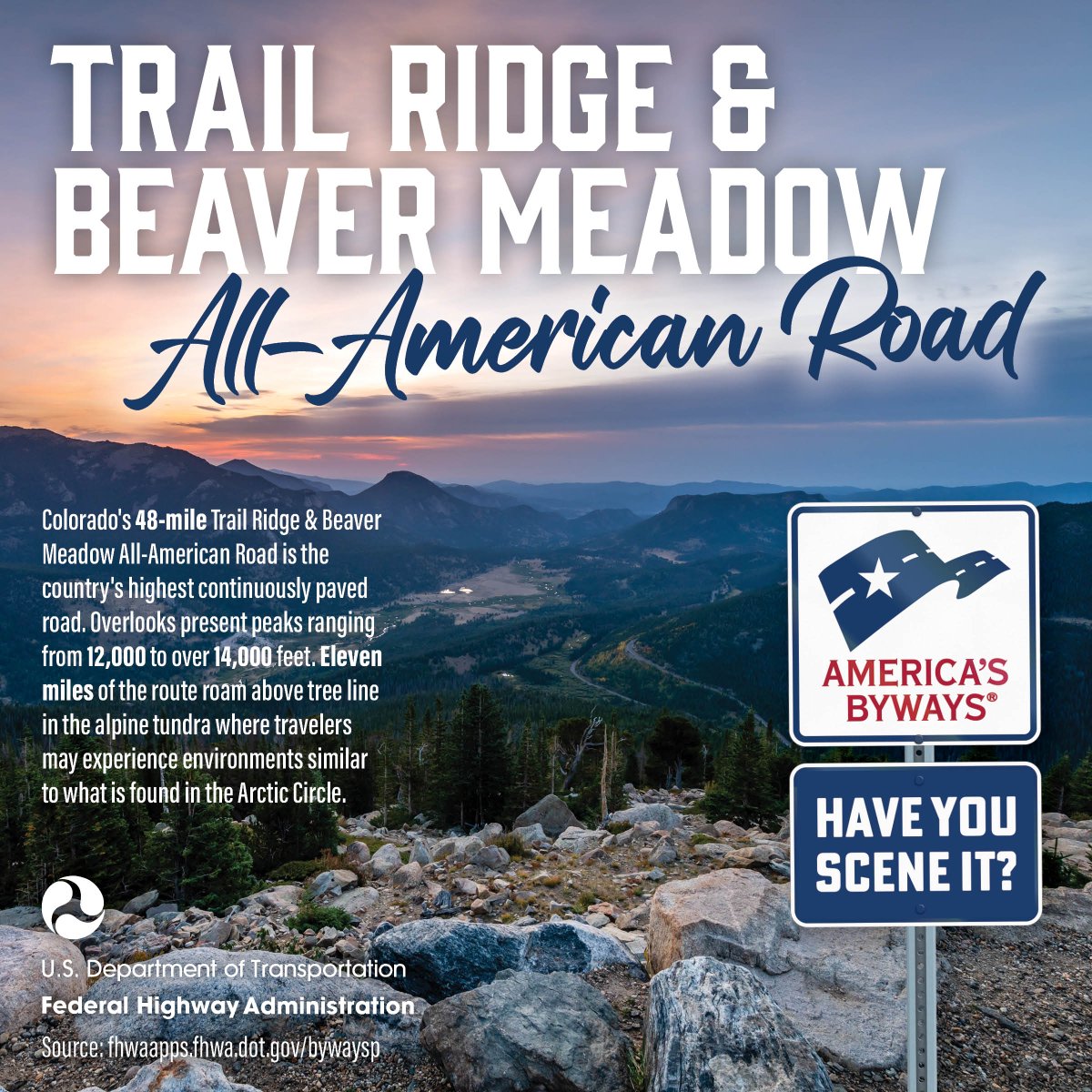 USDOTFHWA's tweet image. Want to experience the arctic tundra in the lower 48? You can say you’ve SCENE IT by visiting Colorado’s 48-mile Trail Ridge & Beaver Meadow All-American Road as part of #TheGreatAmericanRoadTrip. Overlooks along this byway—the nation’s highest continuously paved road—provide…