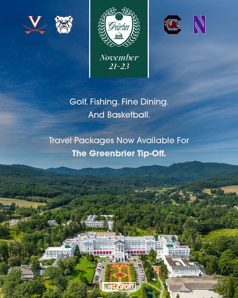 IntersportBuzz's tweet image. An iconic resort. A new Thanksgiving tradition.
Virginia, Butler, Northwestern, and South Carolina.
November 21–23 inside Colonial Hall.
Only 1,000 seats.
Travel packages are the only way to get in.
Reserve now → greenbriertipoff.com/travel
