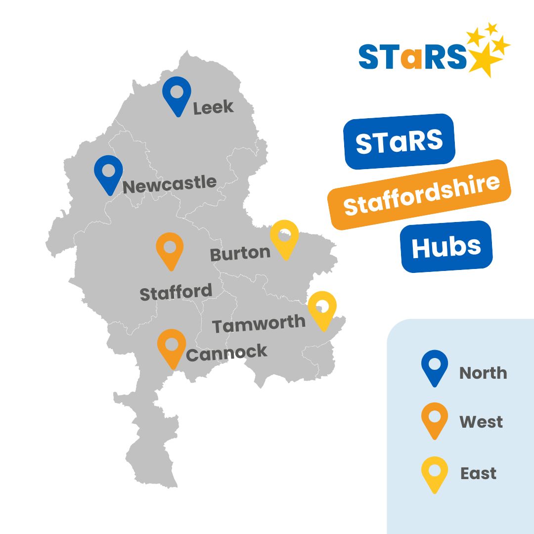Our services are far reaching - we cover the majority of Staffordshire, so no matter where you are we are always close by to support you. ⭐

📍 Take a look at our map to find your local STaRS hub or use our dedicated contact page for more info. 

orlo.uk/yCJ2H