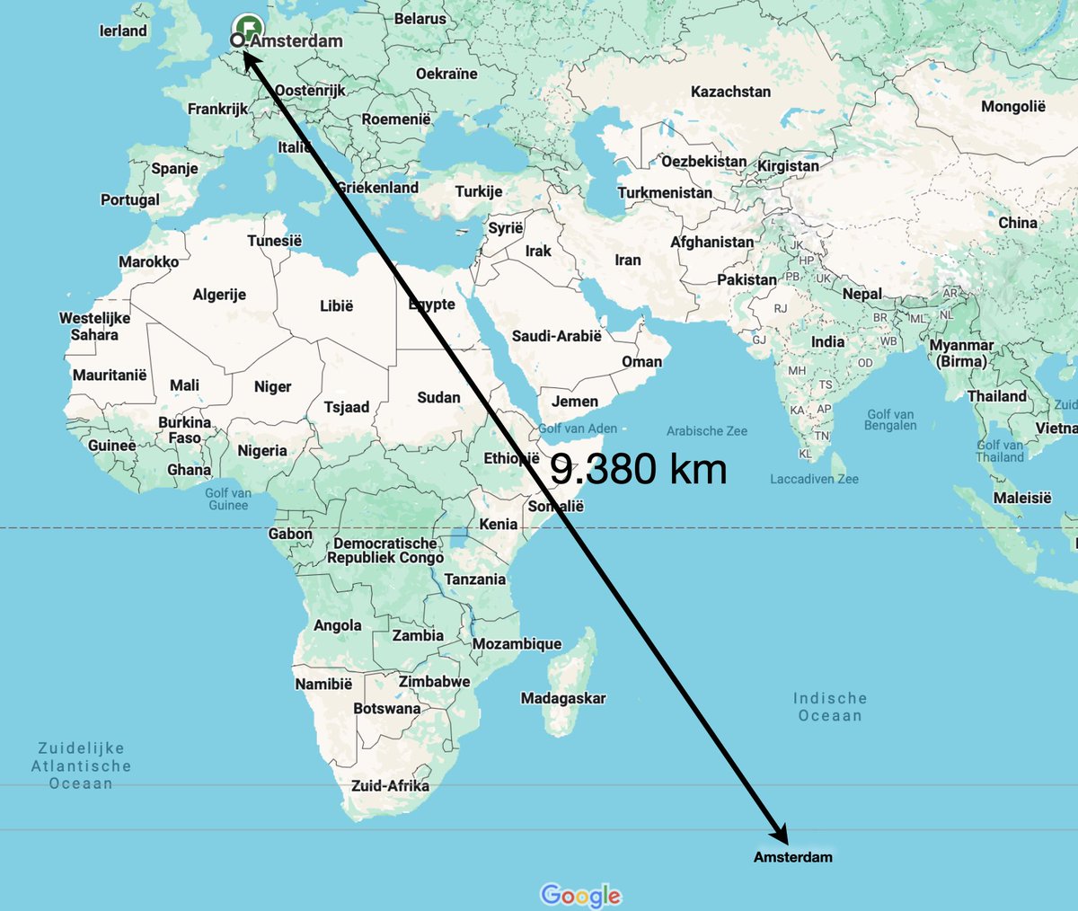 De afstand tussen Amsterdam in Nederland en het eiland Amsterdam in de Indische Oceaan bedraagt hemelsbreed 9.380 km. Dat is ongeveer een maand varen, want er is geen vliegveld. Het eiland werd in 1633 ontdekt door de ontdekkingsreiziger Anthonie van Diemen.