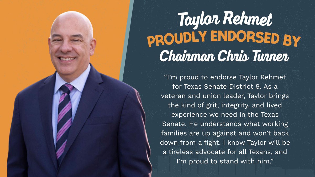 TaylorRehmetTX's tweet image. I'm honored to be endorsed by Chairman Chris Turner.
Rep. Turner is a champion for working Texans, fighting for better wages, union power, and safer workplaces.
He knows what it takes to win tough fights, and he’s standing with us in this one. Thanks, @ChrisGTurner!