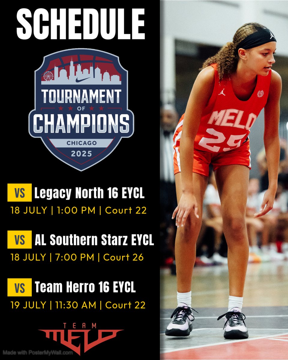 Here's my schedule for Nike Tournament of Champions in Chicago this weekend.  Team Melo 16u EYCL finished 12-2 over the 3 sessions going into the tournament.  Coaches come see us play we are a fun team to watch! 
<a href="/TeamMeloGirls/">Team Melo Girls</a> <a href="/teammelo/">thisis melo</a> <a href="/CoachLeslieD/">Coach_Leslie_Daley</a> <a href="/nikegirlseycl/">Nike Girls EYBL Champions League</a> <a href="/niketoc/">Nike Tournament of Champions</a>