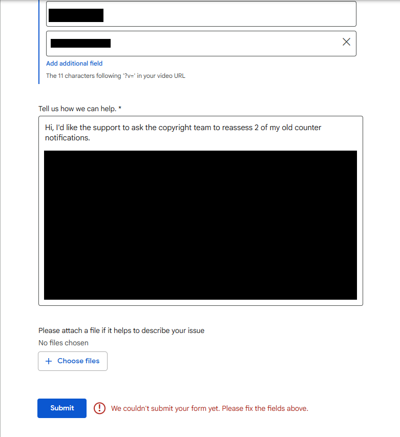 Swordy25's tweet photo. @TeamYouTube Issue with the "contact us form" If you select "copyright issue" with form cannot be completed.

It will ask you to fix the fields above but doesn't highlight the fields in question. The fields are also all filled out correctly. https://t.co/fqr0K0YZYM