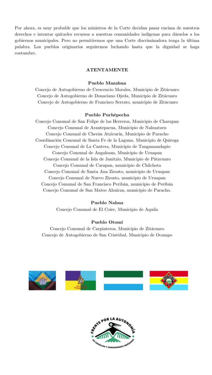Lenia Batres (@leniabatres) on Twitter photo Comunidades de los pueblos mazahua, purhépecha, nahua y otomí de Michoacán nos dirigieron este escrito, dado que en la sesión de la SCJN de ayer estaba programado discutir un proyecto de sentencia que dejaría sin derecho a recibir recursos municipales a las comunidades indígenas Comunidades de los pueblos mazahua, purhépecha, nahua y otomí de Michoacán nos dirigieron este escrito, dado que en la sesión de la SCJN de ayer estaba programado discutir un proyecto de sentencia que dejaría sin derecho a recibir recursos municipales a las comunidades indígenas