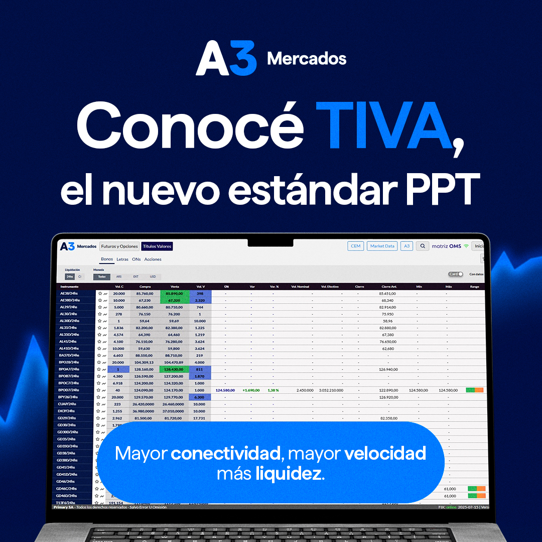 🚀 Conocé TIVA, el nuevo estándar PPT.

📈 El nuevo segmento garantizado de valores negociables ofrece mejor conectividad, mayor velocidad y herramientas post-trade más ágiles, integrando spot y futuros en un solo ecosistema.

Probalo en e-Trader 🔽

Descubrí más 👉