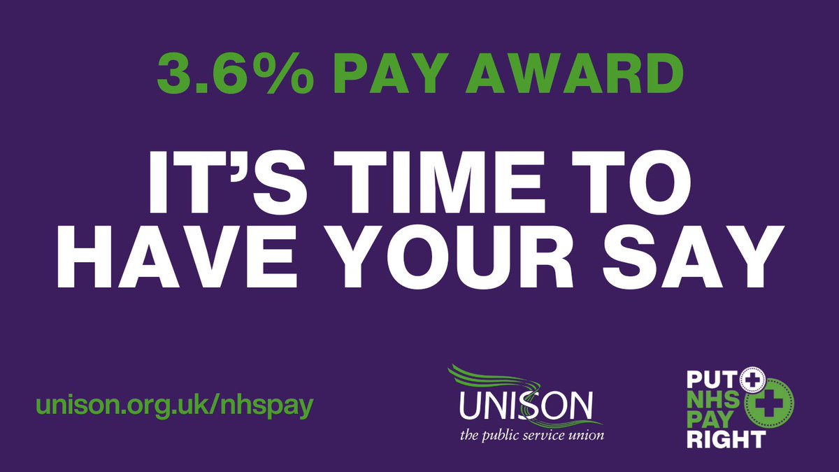 UNISONOurNHS's tweet image. Directly employed by the NHS in England? Time is running out to vote on your pay.
Check your email, and take just one minute to let us know whether you would be willing to back industrial action to seek an improvement to this year's 3.6% pay award.
Have your say before 30 July.