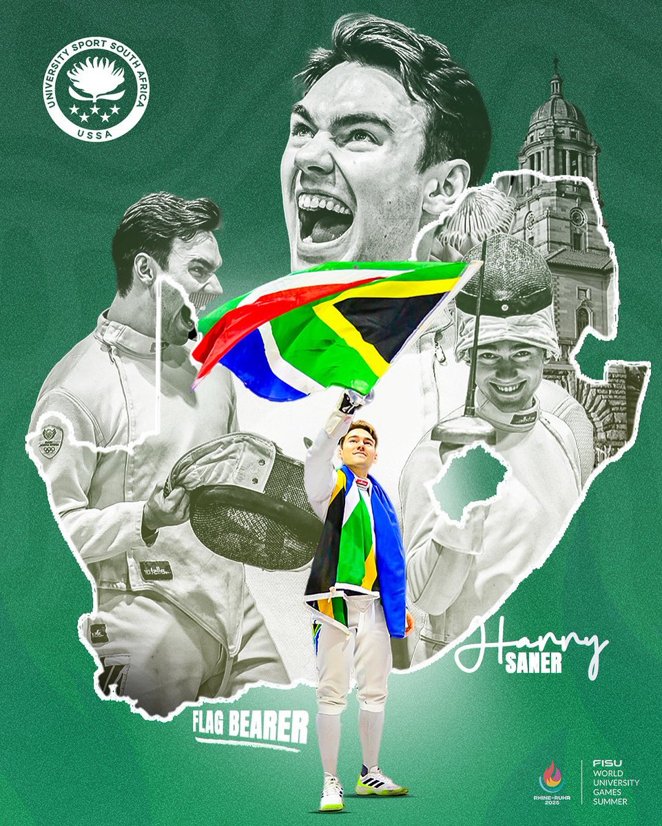 USSAstudent's tweet photo. TEAMSA FLAG BEARER🇿🇦

Harry Saner (24), who will proudly carry the South African flag for #TeamSA at Rhine-Ruhr 2025, is one of the country’s top fencing talents. He is the current South African National Épée Champion and won gold at the 2024 African Olympic Qualifiers in Algiers, qualifying for the Paris 2024 Olympics where he placed 35th. 

His achievements also include a bronze medal at the 2022 African Championships and several national titles, making him a consistent force on both the local and continental stage.

📺The official Opening Ceremony takes place this evening at 8:15 PM (CAT). You can catch it live on https://t.co/NpVwD8bgZ0

#RhineRuhr2025