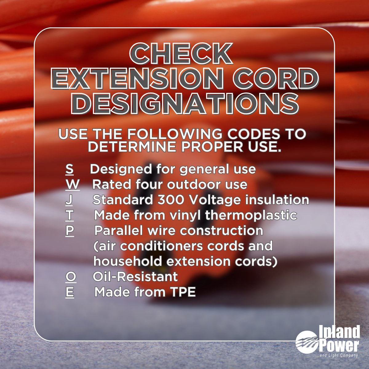 Did you know extension cords are designed for a variety of uses? If you're using an extension cord, ensure you know the designation.
🔌#ExtensionCordSafety