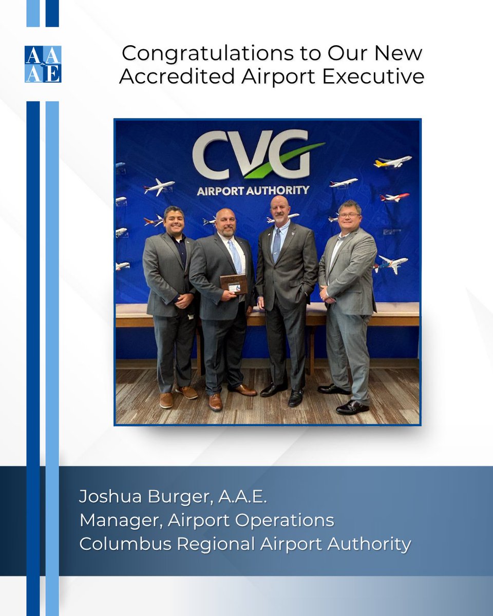 AAAEDelivers's tweet image. Congratulations to Joshua Burger, A.A.E., Manager, Airport Operations, Columbus Regional Airport Authority, who successfully completed the Final Interview and earned the coveted Accredited Airport Executive (A.A.E.) designation on Friday, June 27  in Hebron, KY.