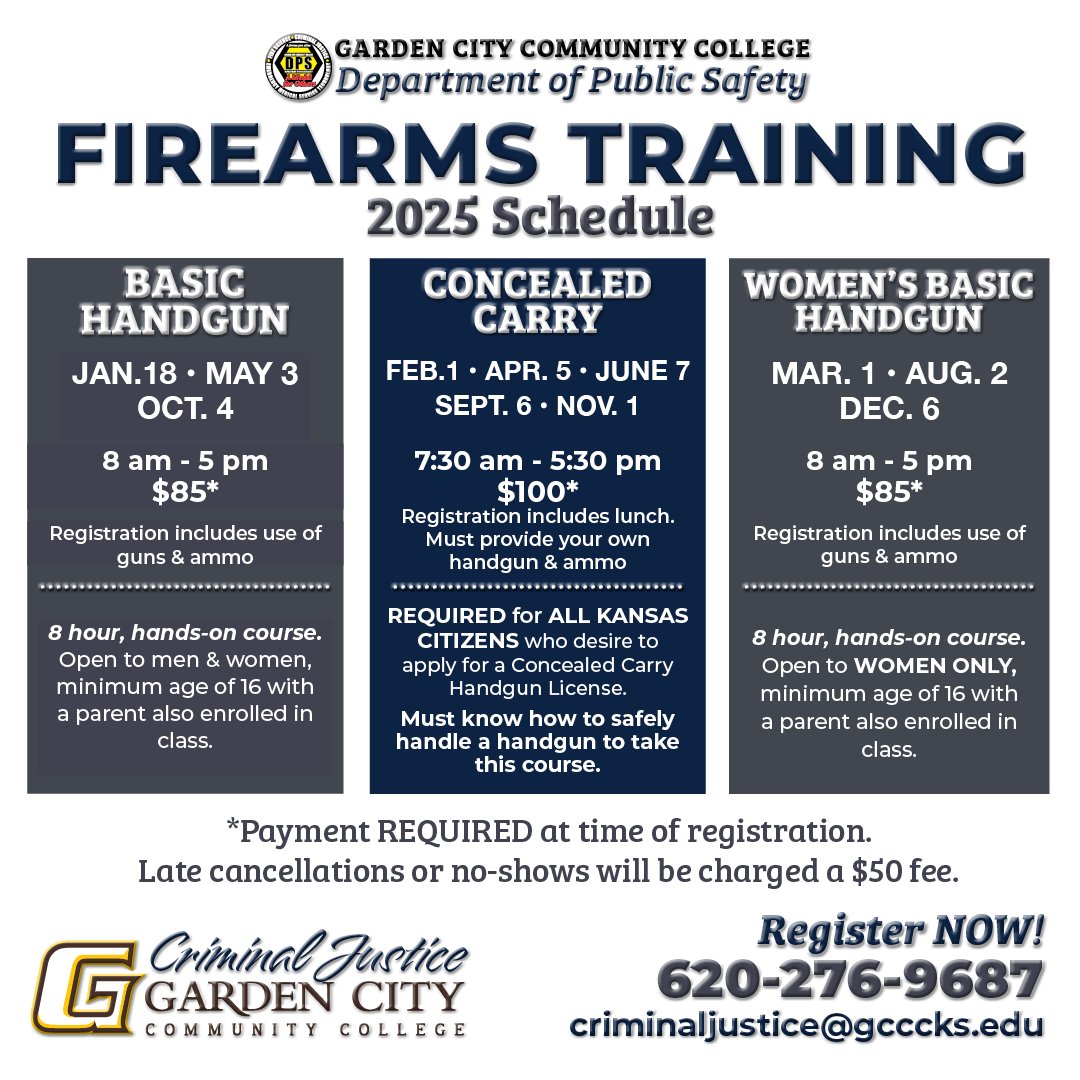 The next Firearms Training Course: Women's Basic Handgun will take place on Saturday, August 2nd!

Sign up by Monday, July 28th by contacting 620-276-9687 or criminaljustice@gcccks.edu

Learn more: ow.ly/Y20F50Ub8lZ
