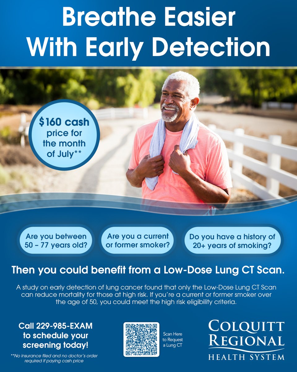 🫁 For this month only, we are offering Low-Dose Lung CT Scans for $160 cash price** Call 229-985-EXAM to schedule your screening!

** No insurance filed and no doctor's order if paying the cash price

#EarlyDetectionSavesLives #LowDoseLungCT #LDLCT #ColquittRegionalHealthSystem
