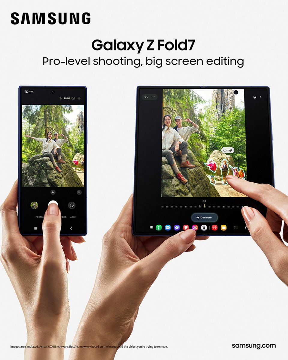 Snapdragon's tweet image. Meet the foldable that fixes your group shots. The @SamsungMobile #GalaxyZFold7 200MP camera + #AI tools like Best Face means flawless photos, powered by #Snapdragon 8 Elite for Galaxy.