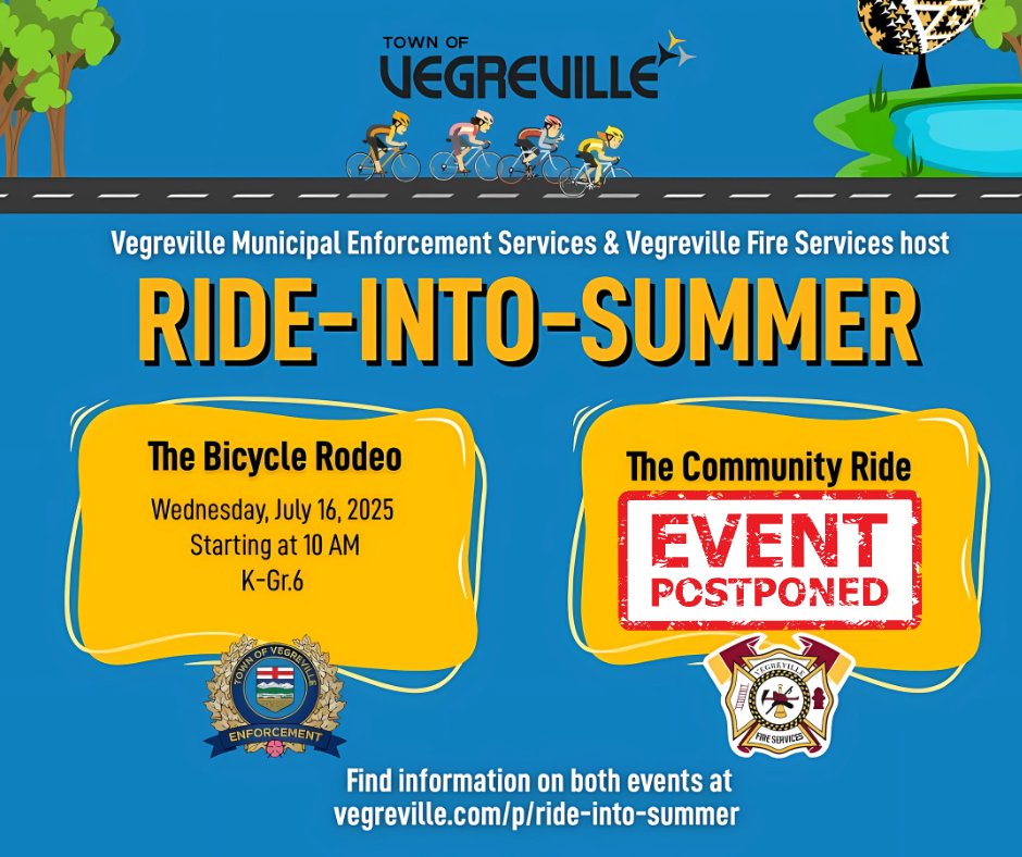 .
⚠️ 𝐄𝐯𝐞𝐧𝐭 𝐏𝐨𝐬𝐭𝐩𝐨𝐧𝐞𝐝

Please be advised that the Community Ride, originally scheduled for Saturday, July 19, has been postponed. 

DETAILS: vegreville.com/p/ride-into-su…

#Vegreville | #RoomToGrow
