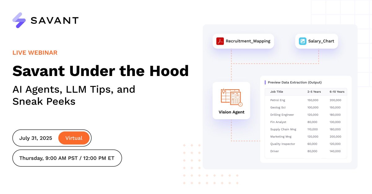 AI Analytics agents - Live and in Action. 

Savant Summer ’25 Release webinar — July 31, 12 p.m. ET / 9 a.m. PT (30 min). 

Real‑time lineage &amp; LLM plug‑ins + giveaway. 

Save your seat: savantlabs.io/events/savant-…

#AgenticAI #Webinar #SavantLabs #AnalyticsAutomation