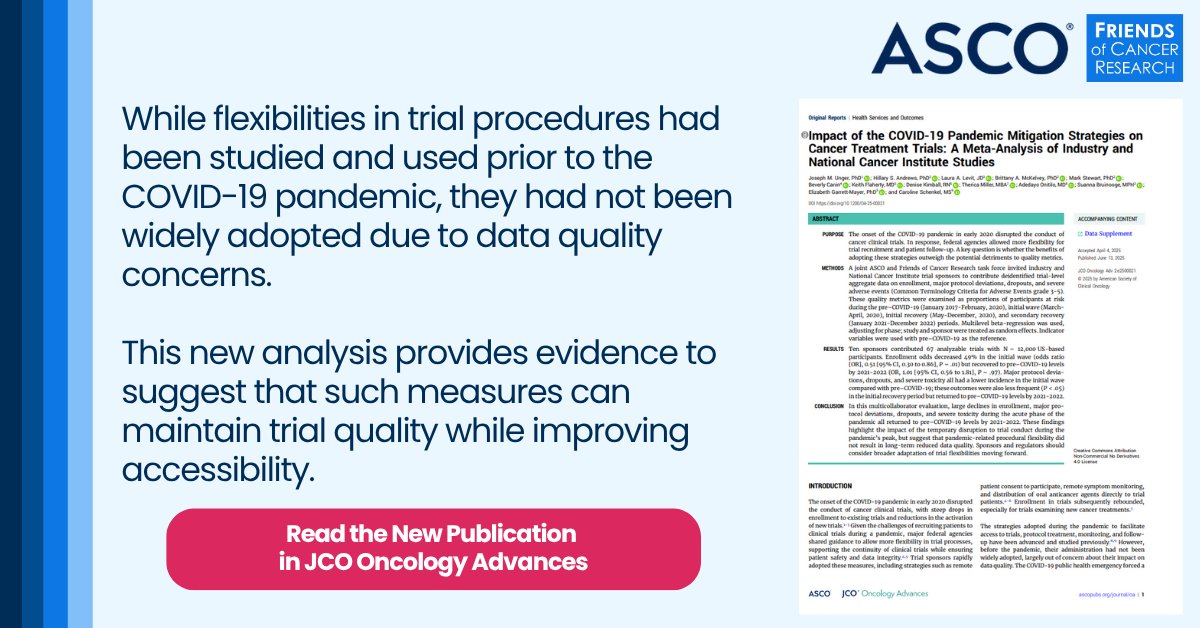 CancerResrch's tweet image. A @CancerResrch and @ASCO task force found that #clinicaltrial flexibilities can be implemented without compromising data quality, suggesting decentralized elements maintain standards while improving access and increasing enrollment: bit.ly/4kIRwKb.