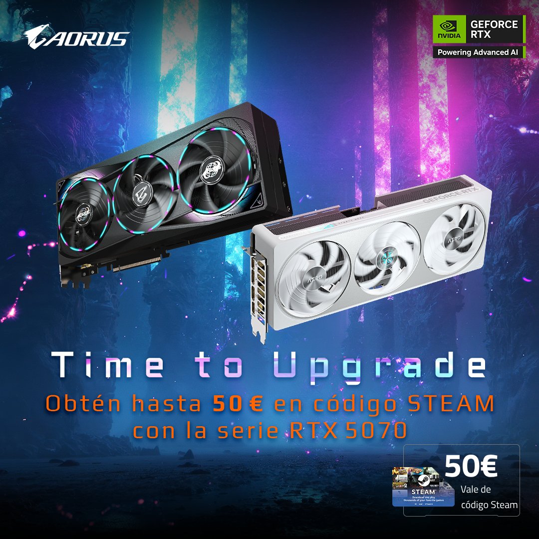 aorus_es's tweet image. 🎮 ¡Es hora de mejorar tu setup!
Compra una tarjeta gráfica GIGABYTE RTX 5070 seleccionada y recibe un código Steam GRATIS de hasta 50 € 🔥
🗓 Promoción válida del 14 de julio al 17 de agosto
📩 Canjea tu código del 28 de julio al 30 de agosto
🎁 Modelos participantes:
🔹…