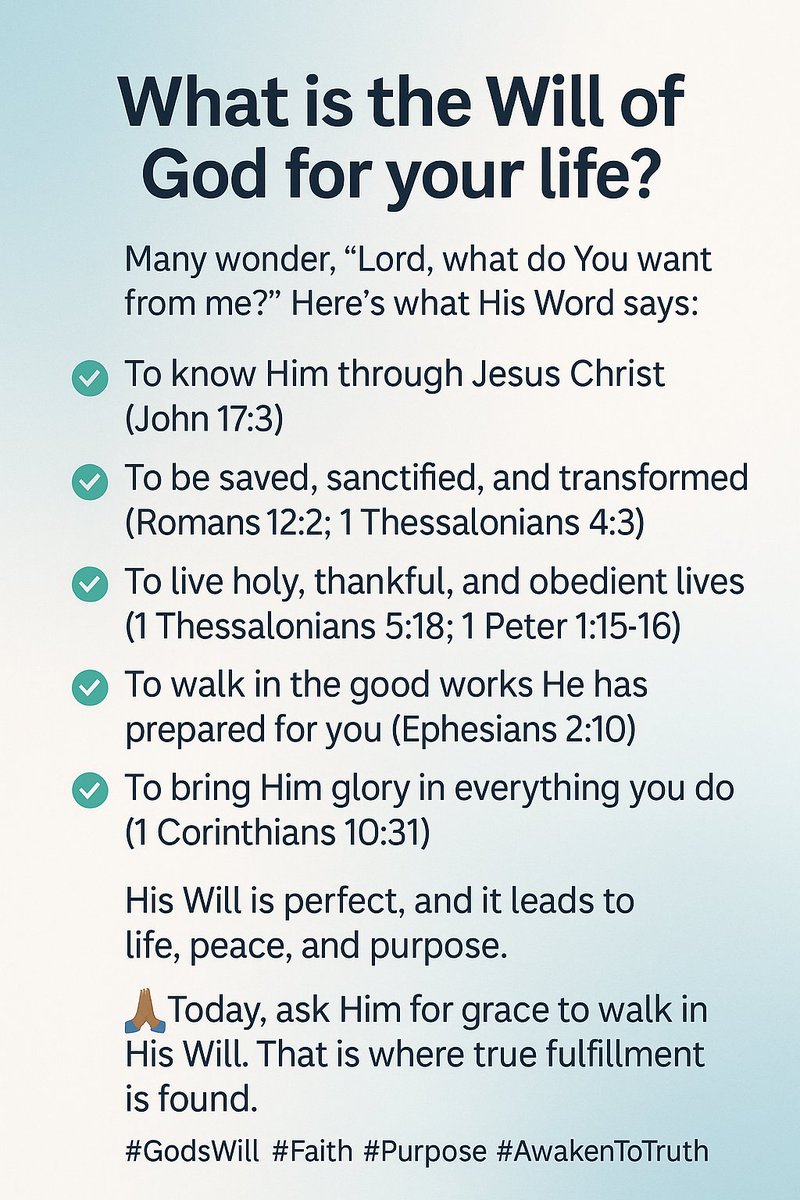 AwakenTo_Truth's tweet image. What is the Will of God for your life?
#AwakenToTruth #BibleStudy #WillofGod #obedienceisbetter #Truth #Christianity