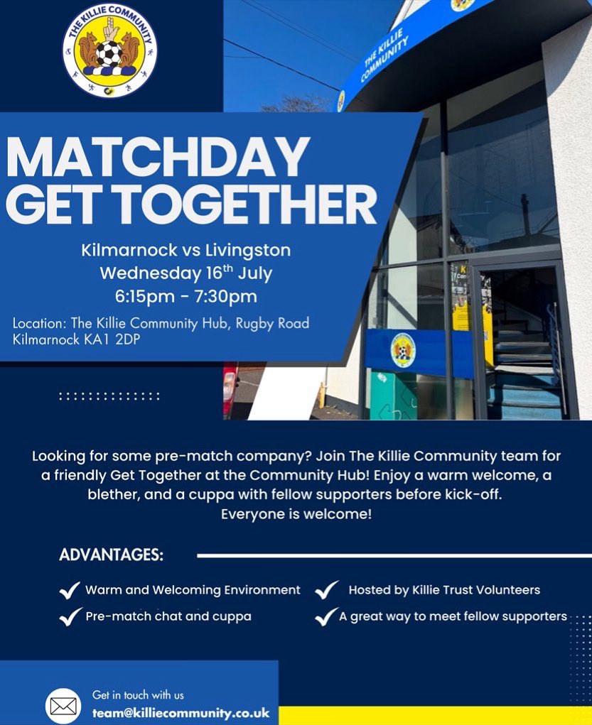 KillieCommunity's tweet image. 🏟️ Heading to Rugby Park Tonight? Come along to our free pre-match Get Together! 💙
This initiative is run in partnership with @KillieTrust, helping bring fans together before kick-off.