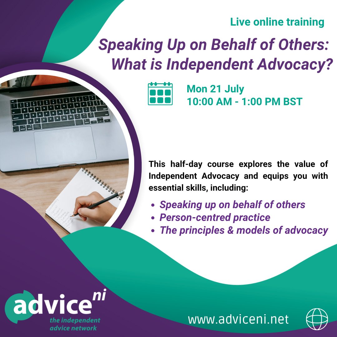 AdviceNI's tweet image. Live online training. Speaking Up on Behalf of Others: What is Independent Advocacy?
Mon 21 July 10:00 AM - 1:00 PM 

Ideal for anyone seeking to strengthen advocacy skills and empower others. 
Register at here or at: adviceni.net/training/event…