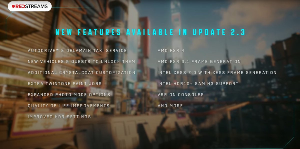 Cyberpunk 2077 Update 2.3 is a medium sized update adding some new immersive features, great new graphical settings for both consoles, PC plus improving photo mode and NEW QUESTS!

Here are the highlights:

- New vehicles &amp; NEW QUESTS to acquire them

- Autodrive, you can now