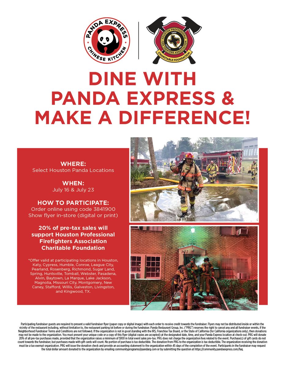 FirefightersHOU's tweet image. 🔥 Today’s the day! Eat @PandaExpress & help Houston's bravest.
✅ Mention HPFFA Charitable Foundation or use code 3841900 when you order.
🍽️ 20% of your meal supports local firefighters!
No code/mention = no donation.
Locations below.
#DineForACause #firefighters #hounews