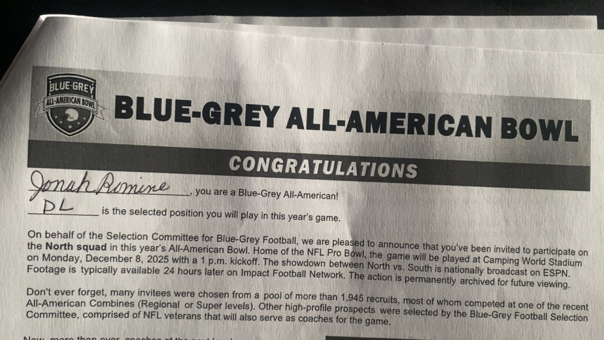 Blessed to get an invite to the Blue Gray All American Bowl in Orlando FL !! Thank you <a href="/SeanCeglinsky/">Sean Ceglinsky</a> for reaching out and giving me this opportunity to complete!!
<a href="/HallTechSports1/">Hall-Tech Sports</a> <a href="/FNStandouts/">Friday Night Standouts</a> <a href="/ALFBRecruit/">Alabama Football Scoop HS Recruiting</a> <a href="/DexPreps/">DexPreps</a> <a href="/DownSouthFb1/">Down South</a> <a href="/Alabama_Varsity/">AL Prep Varsity</a> <a href="/AL_Recruiting/">AL Recruiting</a> <a href="/BlueGreyFB/">Blue-Grey All-American Bowl</a>