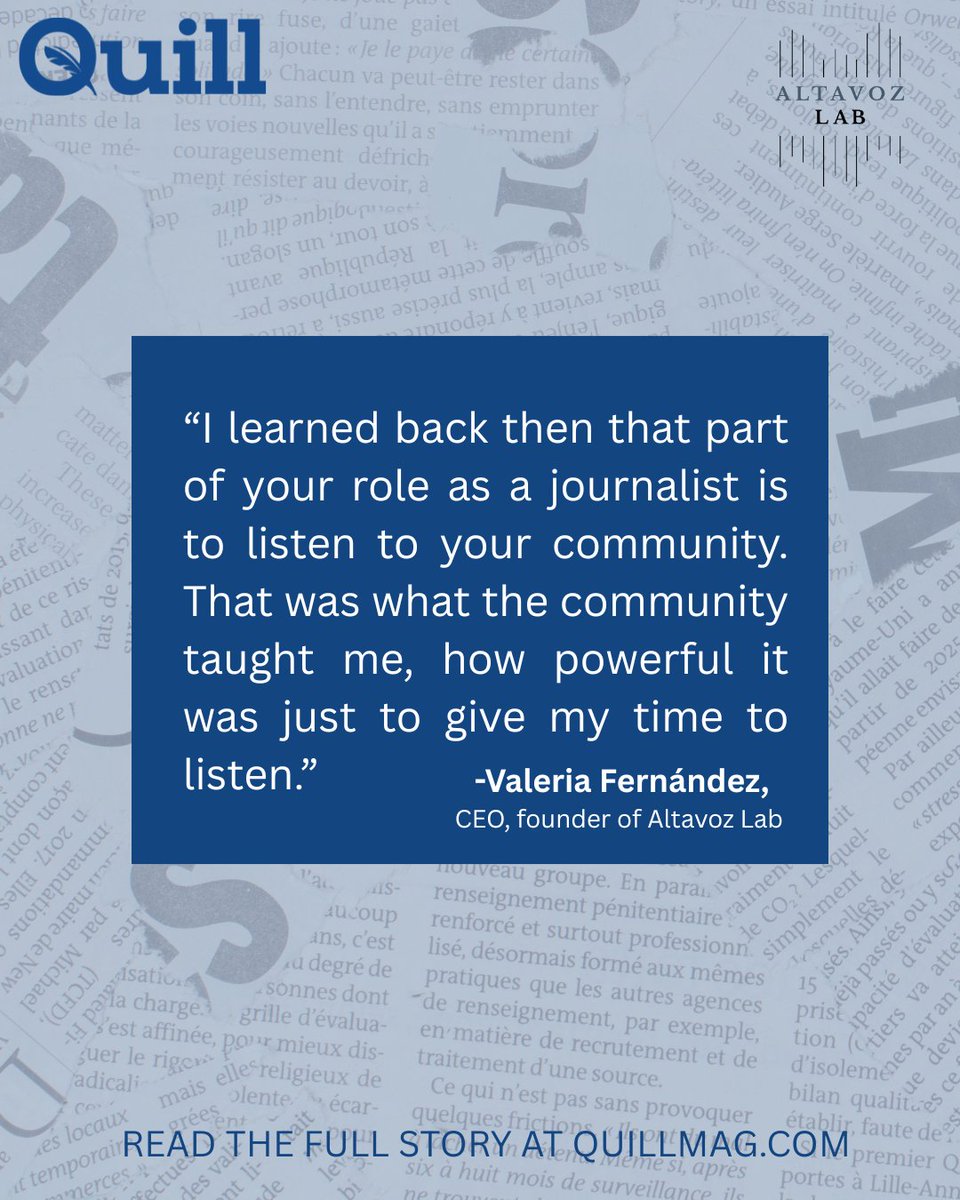 Altavoz_Lab's tweet image. Congratulations to Altavoz Lab CEO and founder, @valfernandez , for her recognition as an @spj_tweets Fellow of Society. Along with journalists @kattenbarge and @deanbaquet, she received SPJ's highest professional honor. quillmag.com/2025/07/07/202…